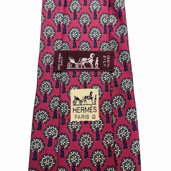 Hermes Men's Tie Floral Trees Red & Khaki Silk 7544 SA 3.25